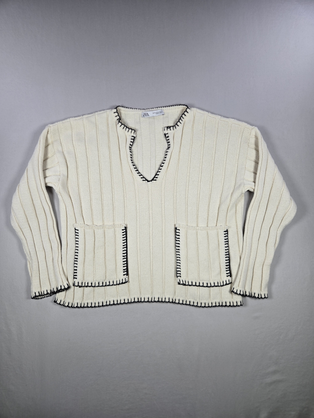 ZARA Ecru Contrast Topstitching V-Neck Rib Knit Costal Grandma Sweater Boho XS